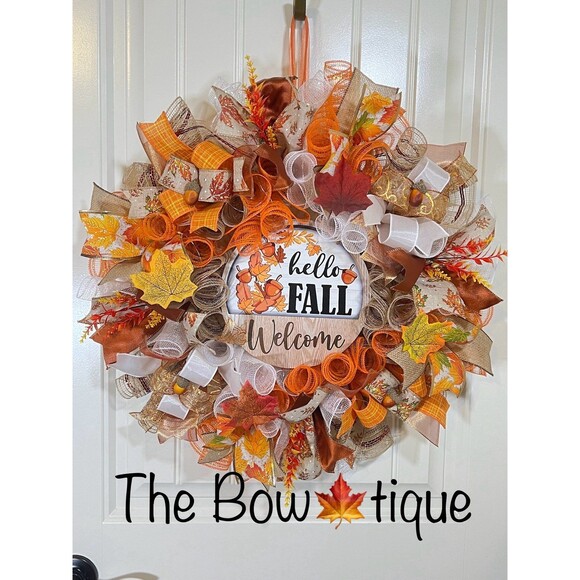 Handmade Hello Fall Welcome Door Wreath Acorn Leaf 22 in LED Thanksgiving W12 - Picture 1 of 10